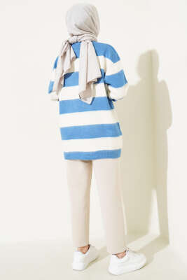 Yatay Çizgili Yumoş Triko Tunik Mavi - Thumbnail