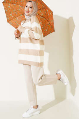 Yatay Çizgili Yumoş Triko Tunik Latte - Thumbnail