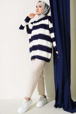 Yatay Çizgili Yumoş Triko Tunik Lacivert - Thumbnail