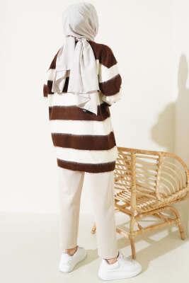 Yatay Çizgili Yumoş Triko Tunik Kahve - Thumbnail