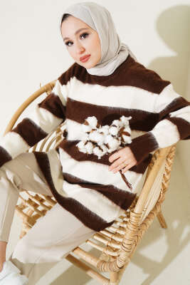 Yatay Çizgili Yumoş Triko Tunik Kahve - Thumbnail