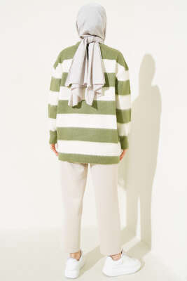 Yatay Çizgili Yumoş Triko Tunik Haki - Thumbnail