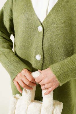 Düğmeli Salaş Yumoş Triko Hırka Haki - Thumbnail