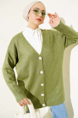 Düğmeli Salaş Yumoş Triko Hırka Haki - Thumbnail