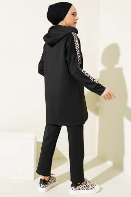 Fermuarlı Leopar Desenli Scuba İkili Takım Siyah - Thumbnail