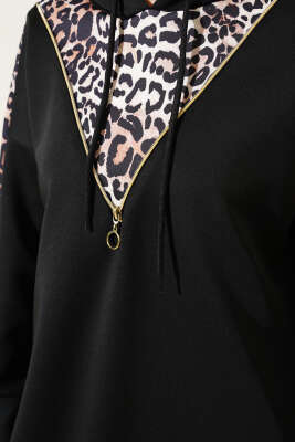 Fermuarlı Leopar Desenli Scuba İkili Takım Siyah - Thumbnail