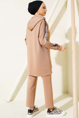 Fermuarlı Leopar Desenli Scuba İkili Takım Latte - Thumbnail