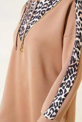 Fermuarlı Leopar Desenli Scuba İkili Takım Latte - Thumbnail