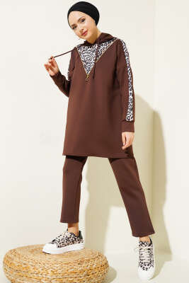 Fermuarlı Leopar Desenli Scuba İkili Takım Kahve - Thumbnail