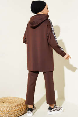 Fermuarlı Leopar Desenli Scuba İkili Takım Kahve - Thumbnail