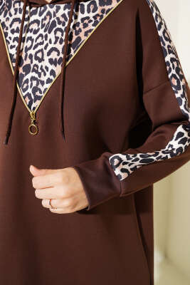 Fermuarlı Leopar Desenli Scuba İkili Takım Kahve - Thumbnail