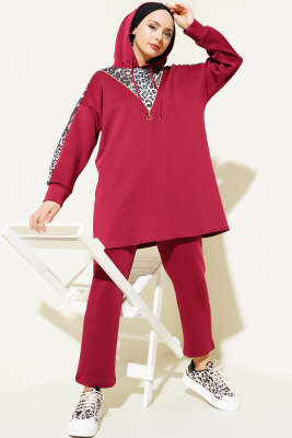 Fermuarlı Leopar Desenli Scuba İkili Takım Bordo - Thumbnail