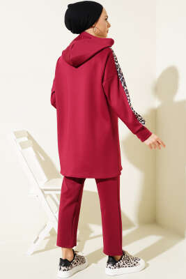 Fermuarlı Leopar Desenli Scuba İkili Takım Bordo - Thumbnail