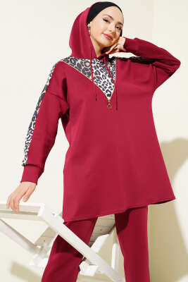 Fermuarlı Leopar Desenli Scuba İkili Takım Bordo - Thumbnail