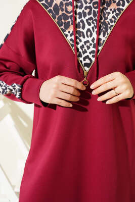 Fermuarlı Leopar Desenli Scuba İkili Takım Bordo - Thumbnail