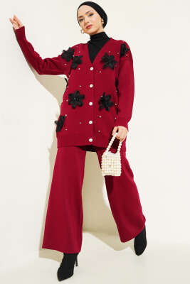 Çiçekli Taşlı Hırkalı Triko İkili Takım Bordo - Thumbnail