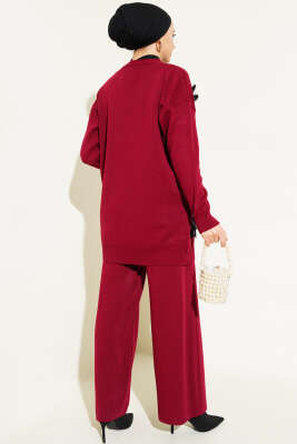 Çiçekli Taşlı Hırkalı Triko İkili Takım Bordo - Thumbnail