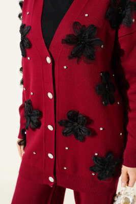 Çiçekli Taşlı Hırkalı Triko İkili Takım Bordo - Thumbnail