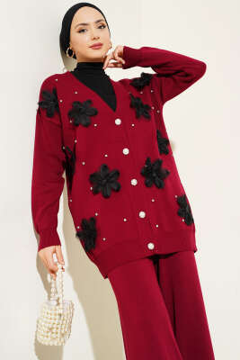 Çiçekli Taşlı Hırkalı Triko İkili Takım Bordo - Thumbnail