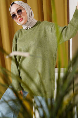 Bisiklet Yaka Düz Triko Tunik Haki - Thumbnail