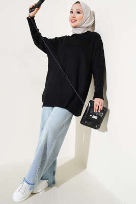 Bisiklet Yaka Düz Triko Tunik Siyah - Thumbnail