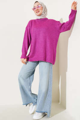 Bisiklet Yaka Düz Triko Tunik Mürdüm - Thumbnail