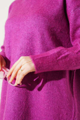 Bisiklet Yaka Düz Triko Tunik Mürdüm - Thumbnail