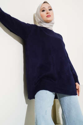 Bisiklet Yaka Düz Triko Tunik Lacivert - Thumbnail
