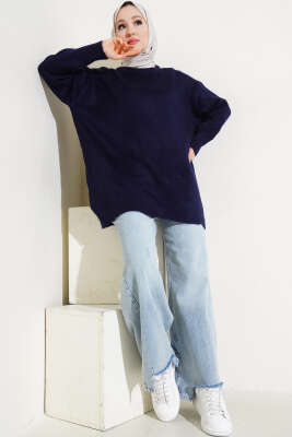 Bisiklet Yaka Düz Triko Tunik Lacivert - Thumbnail