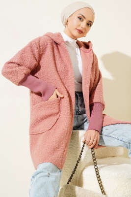 Pazarium - Kol Ribanalı Kapüşonlu Buklet Kap Gül Kurusu