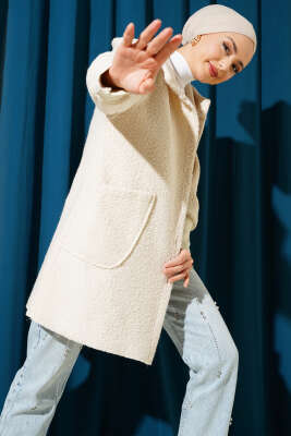 Pazarium - Kol Ribanalı Kapüşonlu Buklet Kap Bej