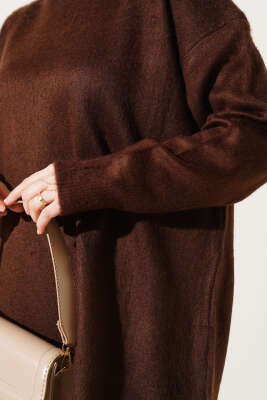 Bisiklet Yaka Düz Triko Tunik Kahve - Thumbnail