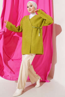 Kurdele Bağlamalı Buklet Ceket Yağ Yeşili - Thumbnail