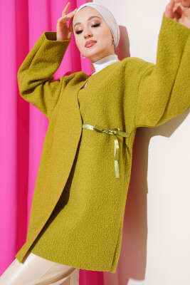 Kurdele Bağlamalı Buklet Ceket Yağ Yeşili - Thumbnail