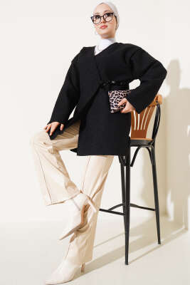 Kurdele Bağlamalı Buklet Ceket Siyah - Thumbnail