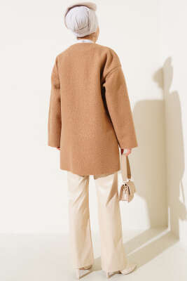 Kurdele Bağlamalı Buklet Ceket Latte - Thumbnail