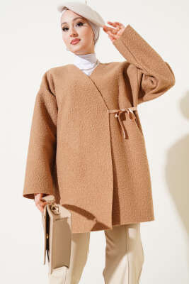 Kurdele Bağlamalı Buklet Ceket Latte - Thumbnail