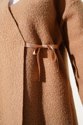 Kurdele Bağlamalı Buklet Ceket Latte - Thumbnail