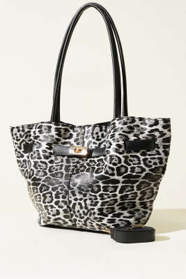 Kemer Detaylı Omuz Çantası Gri Leopar - Thumbnail