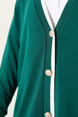 Düğmeli Şerit Detaylı Triko Hırka Zümrüt - Thumbnail