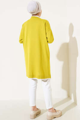 Düğmeli Şerit Detaylı Triko Hırka Yağ Yeşili - Thumbnail