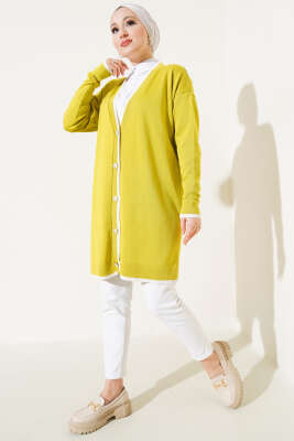 Düğmeli Şerit Detaylı Triko Hırka Yağ Yeşili - Thumbnail