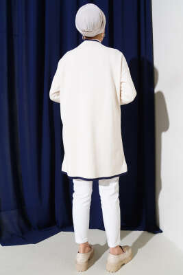 Düğmeli Şerit Detaylı Triko Hırka Vanilya - Thumbnail