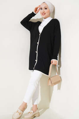 Düğmeli Şerit Detaylı Triko Hırka Siyah - Thumbnail