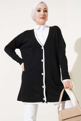 Düğmeli Şerit Detaylı Triko Hırka Siyah - Thumbnail