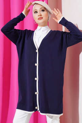 Düğmeli Şerit Detaylı Triko Hırka Lacivert - Thumbnail