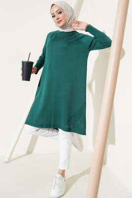Etek Ucu Dantel Detaylı Triko Tunik Zümrüt - Thumbnail