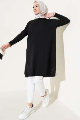 Etek Ucu Dantel Detaylı Triko Tunik Siyah - Thumbnail