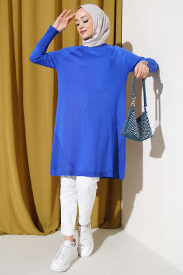 Etek Ucu Dantel Detaylı Triko Tunik Saks - Thumbnail