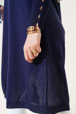 Etek Ucu Dantel Detaylı Triko Tunik Lacivert - Thumbnail